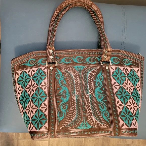 NWOT Banda Bags Tote Bag Brown, Pink and Green - Picture 5 of 8